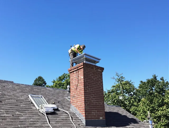 Rocky Hill Chimney Sweep technician measuring a chimney cap in Rocky Hill, CT